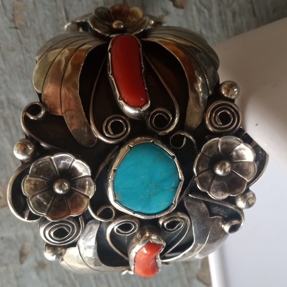 Turquoise Coral VTG Sterling Silver Southwest Signed IB 46 G Cuff Bracelet - Picture 7 of 16